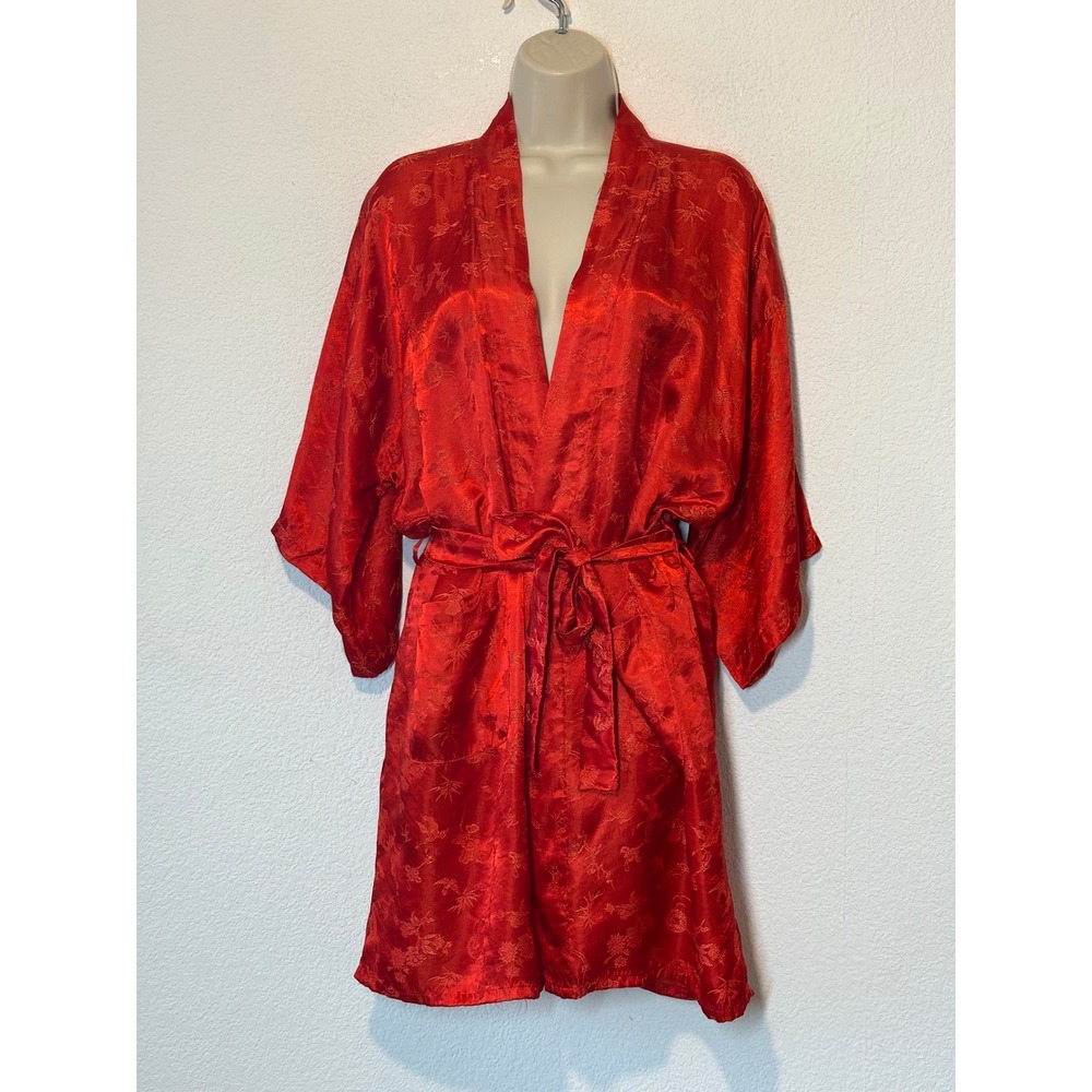 Asian inspired Red Satin Floral Bird Damask Kimono Robe Short Tie Waist Medium